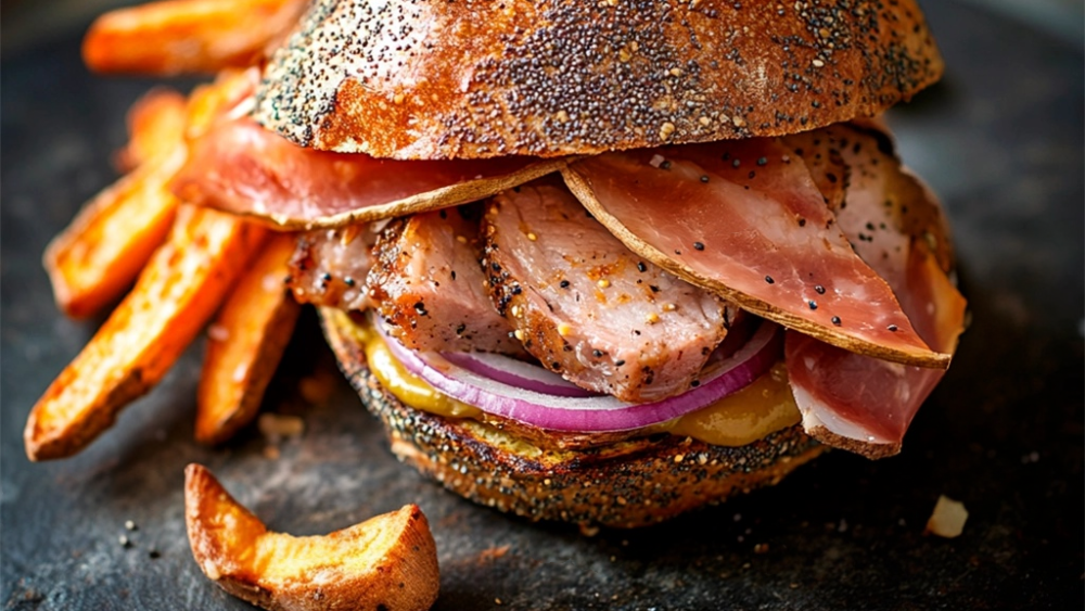 Sandwich de porc rôti au sel de Guérande et à la moutarde, frites de patates douces