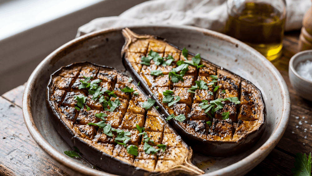 Gegrillte Auberginen, Knoblauch und Petersilie