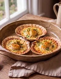 Découvrez notre recette de coquilles Saint-Jacques gratinées au four. Des noix Saint-Jacques fondantes, une sauce au vin blanc, crème et Fleur de sel.