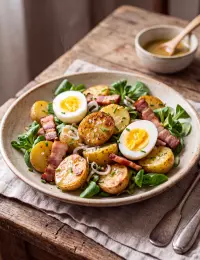 Recette de salade de pommes de terre, lard fumé, mâche et œufs durs
