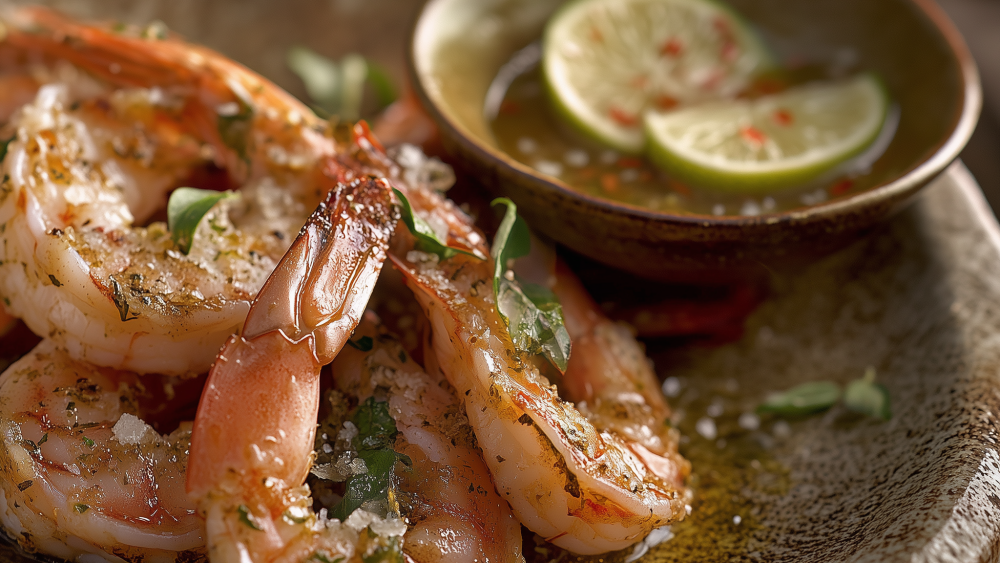 Gambas en croûte de sel, sauce citronnelle