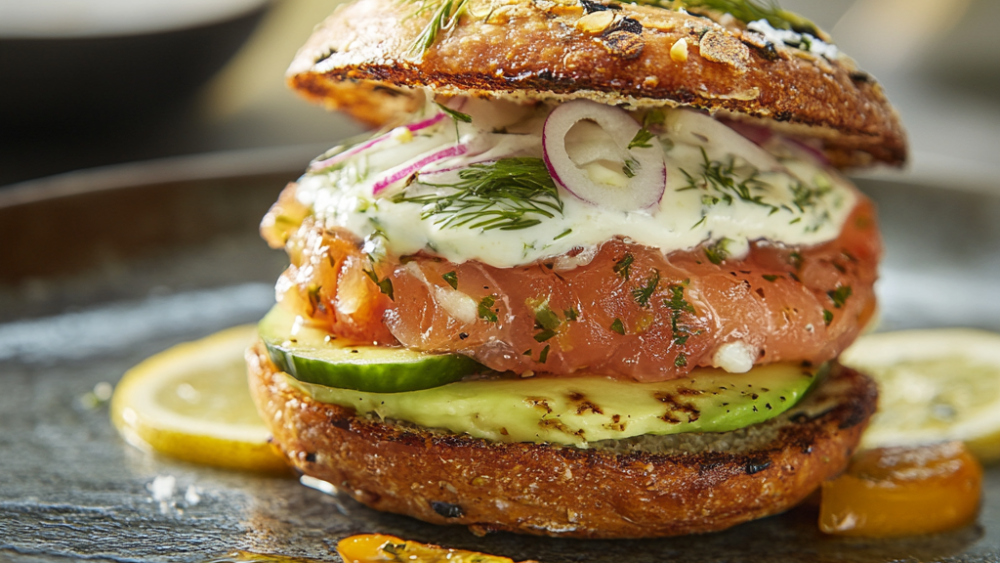 Burger aus gegartem Lachs auf einem Bett aus grobem Guérande-Salz