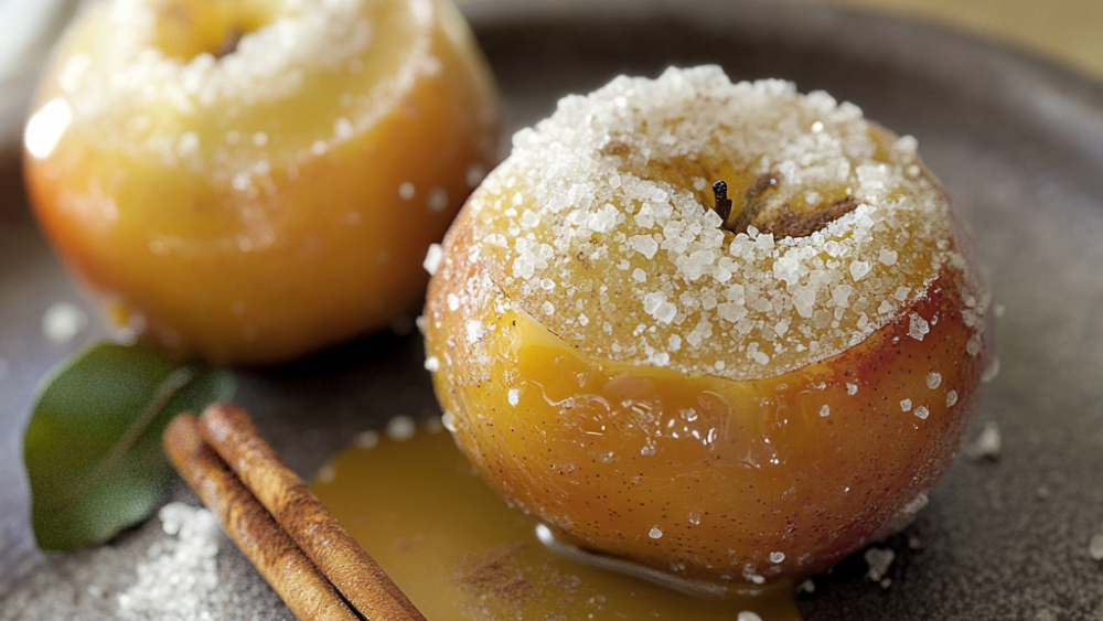 Äpfel in einer Kruste aus grauem Salz aus Guérande - Le Guérandais, serviert mit einer Creme aus Karamell mit gesalzener Butter