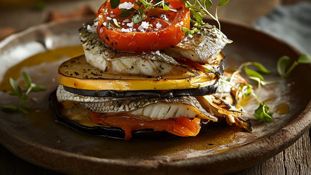 Millefeuille de légumes et de sardines au sel fin aromatisé aux herbes