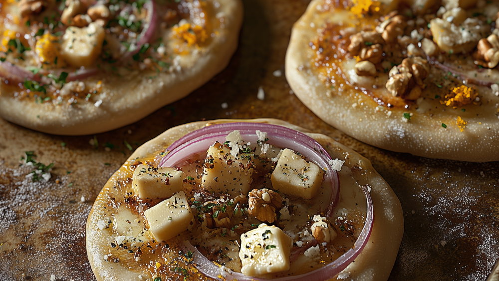 Minipizzas mit roten Zwiebeln und Orangenschale