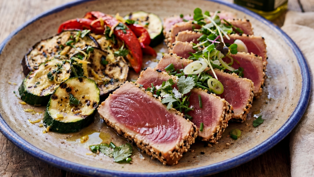 Thunfisch-Tataki à la plancha mit mariniertem und gegrilltem Sonnengemüse
