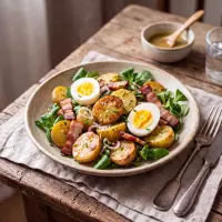 Recette de salade de pommes de terre, lard fumé, mâche et œufs durs